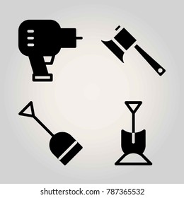 Garden vector icon set. driller, shovel and axe