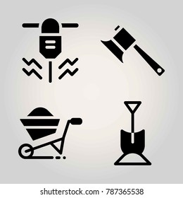 Garden vector icon set. driller, axe, shovel and wheelbarrow