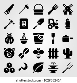 Garden vector icon set. fence, basket, fork and axe