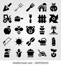 Garden vector icon set. fence, germination, lawn mower and corn