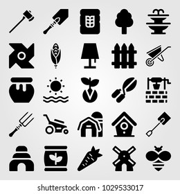 Garden vector icon set. fertilizer, wheelbarrow, pinwheel and sun