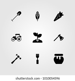 Garden vector icon set. fork, tractor, sprout and carrot