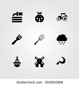 Garden vector icon set. fork, ladybug, pot and hose