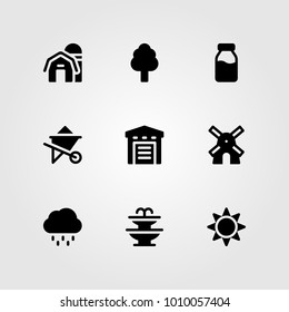 Garden vector icon set. fountain, rain, sun and warehouse