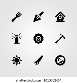 Garden vector icon set. hammer, handsaw, trowel and sprinkle