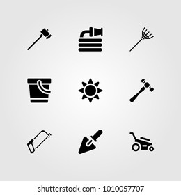 Garden vector icon set. hammer, rake, trowel and axe