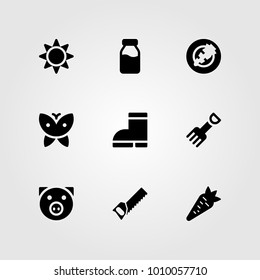 Garden vector icon set. handsaw, pig, butterfly and boots