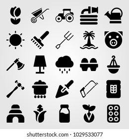 Garden vector icon set. handsaw, sun, tree and fork