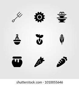 Garden vector icon set. honey, fountain, carrot and fork