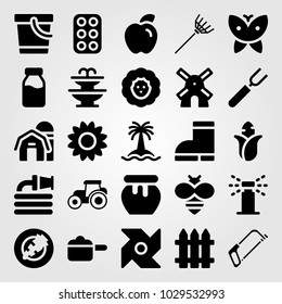 Garden vector icon set. honey, sprinkle, rake and pail