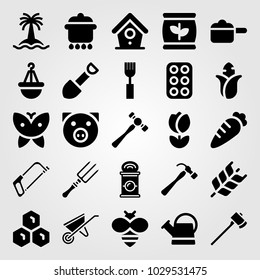 Garden vector icon set. honeycomb, butterfly, wheelbarrow and tulip