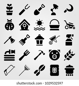 Garden vector icon set. hose, rake, plant and axe