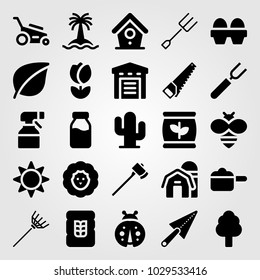 Garden vector icon set. ladybug, cactus, axe and warehouse