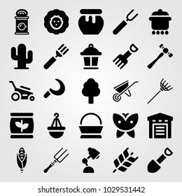 Garden vector icon set. lamp, warehouse, wheat and honey