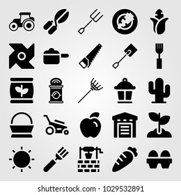 Garden vector icon set. lamp, warehouse, carrot and pot