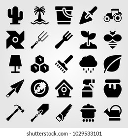 Garden vector icon set. lamp, rain, rake and tractor