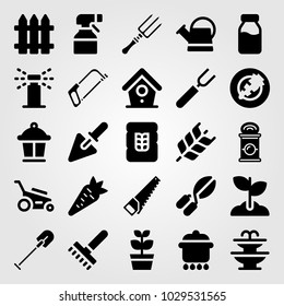 Garden vector icon set. milk bottle, pot, shovel and fountain