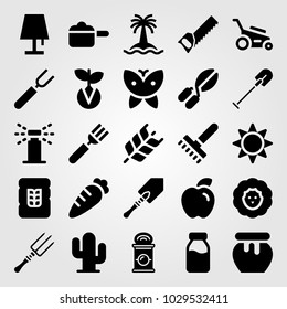 Garden vector icon set. milk bottle, lamp, rake and shovel