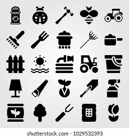 Garden vector icon set. pail, sprayer, sea and lamp