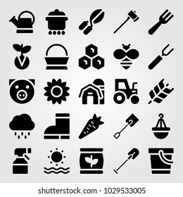 Garden vector icon set. pig, pail, watering can and pot