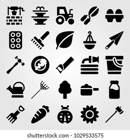Garden vector icon set. pot, fountain, hammer and eggs