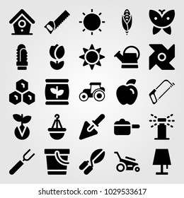 Garden vector icon set. pot, tractor, pruning shears and lawn mower