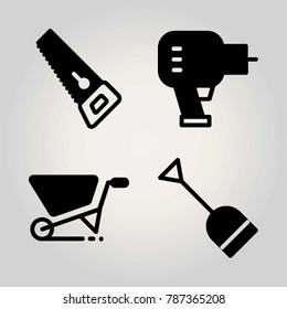 Garden vector icon set. saw, driller, shovel and wheelbarrow