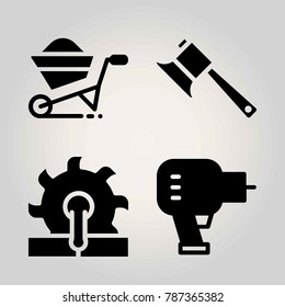 Garden vector icon set. saw, wheelbarrow, axe and driller