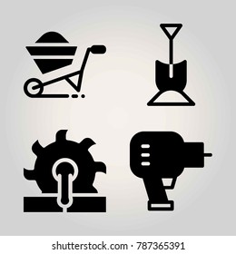 Garden vector icon set. saw, shovel, wheelbarrow and driller