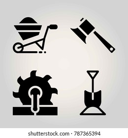 Garden vector icon set. saw, axe, wheelbarrow and shovel