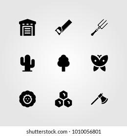 Garden vector icon set. sheep, axe, fork and tree