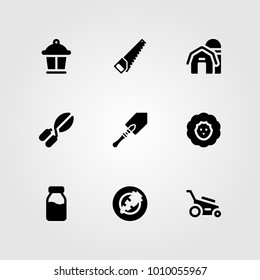 Garden vector icon set. shovel, carrot, lawn mower and handsaw