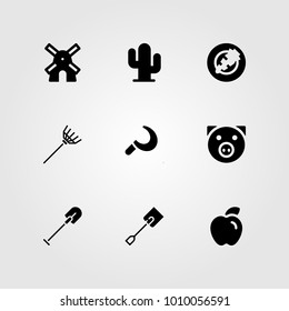 Garden vector icon set. shovel, cactus, sickle and windmill