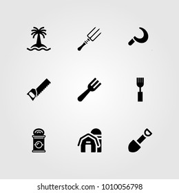 Garden vector icon set. shovel, fork, sickle and tree