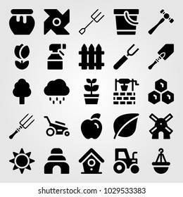 Garden vector icon set. shovel, pinwheel, bird house and plant