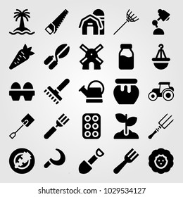 Garden vector icon set. spade, rake, eggs and tree