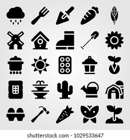 Garden vector icon set. sprout, hammer, rain and sun flower