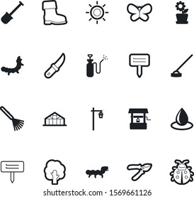 garden vector icon set such as: season, appliance, dig, greenhouse, pair, icons, linear, safety, accessory, fly, liquid, waterproof, shovel, structure, illumination, hose, military, knife, toxic