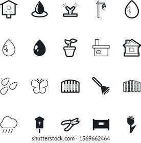 garden vector icon set such as: construction, clipper, modern, decor, raincloud, fire, pruners, decorative, building, fresh, seeds, animal, nutrition, start, ecology, instrument, elegant, cottage