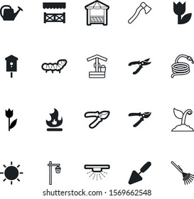 garden vector icon set such as: deep, construction, system, camp, station, bug, bird, sweet, axe, restaurant, sprout, seed, web, firewood, hot, worker, energy, pail, old, campfire, logistic, lighting