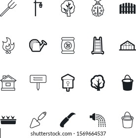garden vector icon set such as: level, weapon, concrete, stairway, lamps, antennae, fresh, fertilizer, nesting, build, country, hunter, blade, agronomy, estate, cottage, head, masonry, fly, label