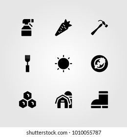 Garden vector icon set. sun, boots, fork and sprayer