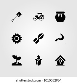 Garden vector icon set. sunflower, spade, honey and sprout