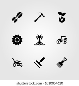Garden vector icon set. sunflower, sun flower, rake and tree