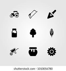 Garden vector icon set. sunflower, tractor, honey and tree