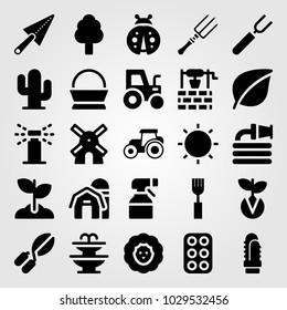 Garden vector icon set. tractor, fountain, tree and eggs