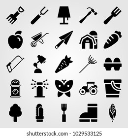 Garden vector icon set. tractor, handsaw, carrot and apple