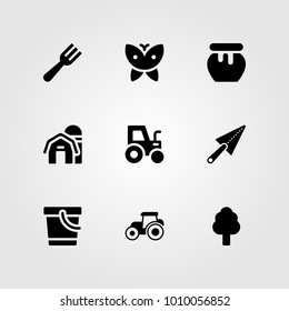 Garden vector icon set. trowel, honey, butterfly and pail
