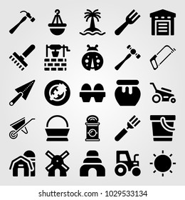 Garden vector icon set. trowel, tree, rake and wheelbarrow