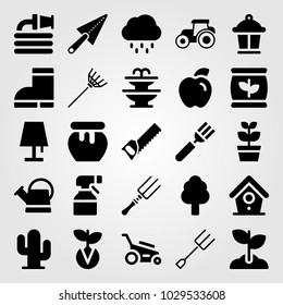 Garden vector icon set. trowel, lamp, fountain and bird house